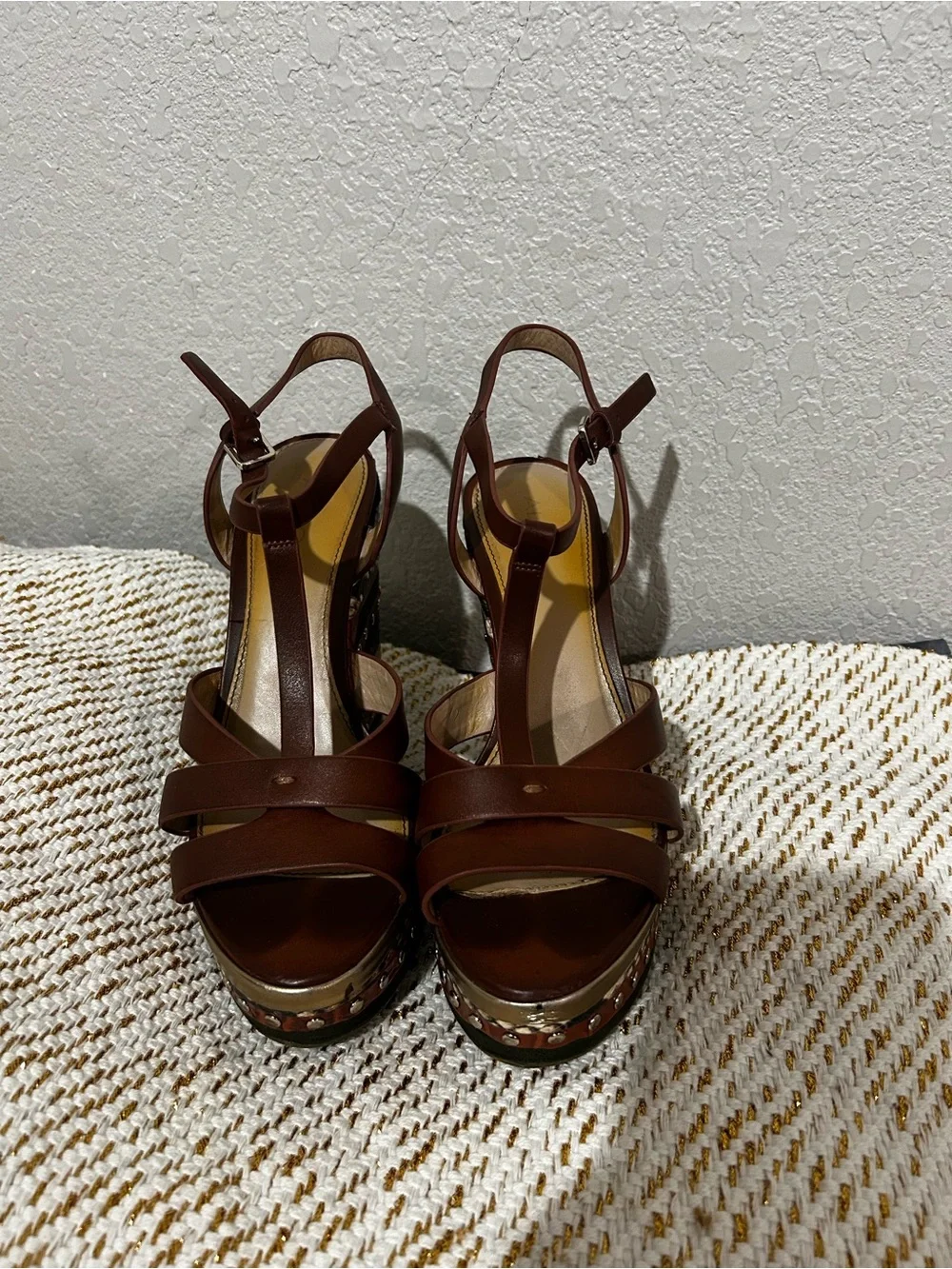 Aldo Brown Leather Platform T-Strap Sandals